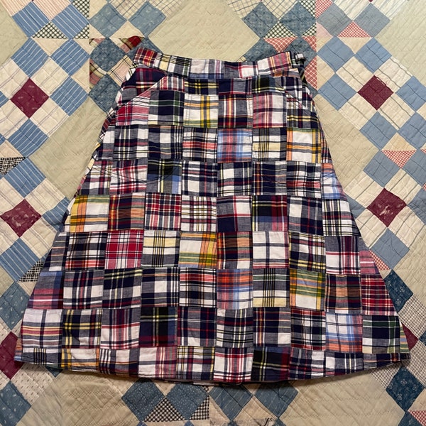 Vintage 70s Bohemian Patchwork Wrap Skirt / 1970s Hippie Boho Hobbie Holly Fit Flare Tartan Plaid Smock Skirt / Midi Skirt / Medium