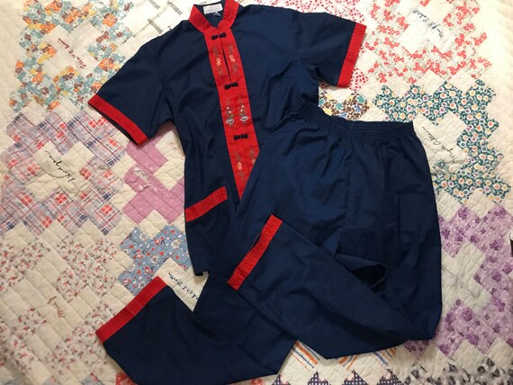 Lewis Frimel Sz S Vintage 50s navy blue summer lounging pajamas with high waisted wide legged bottoms