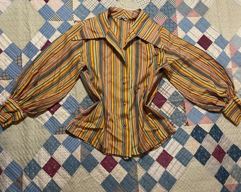 70s Rainbow Stripe Styled by Terry Chicago Bishop Sleeve Button Up / Dagger Collar Bohemian Secretary Sleeve / Large