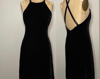 Vintage 1990s Medium Nicole Miller Halter Top Black Velvet Halter Top Dress