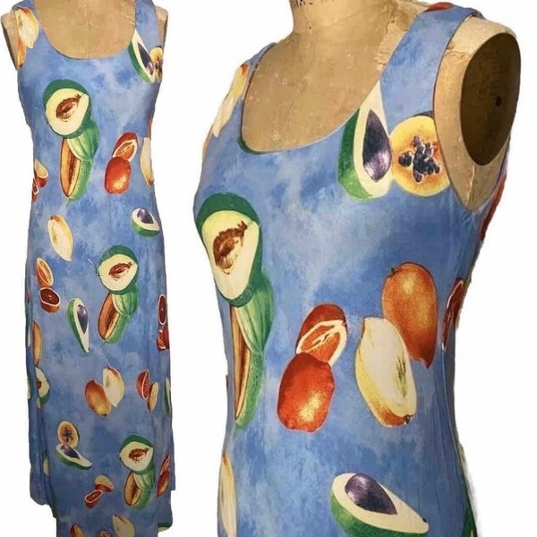 Vintage 90s Jessica Howard Sleeveless Fruit Print Avocado Maxi Dress / 1990s Colorful Tank Top Rayon Caftan / Summer Spring Mumu / Large