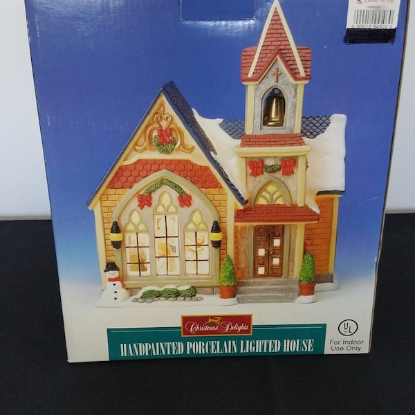 Hand Painted Porcelain Lighted Church,  Christmas Delights Large Vintage Christmas  House