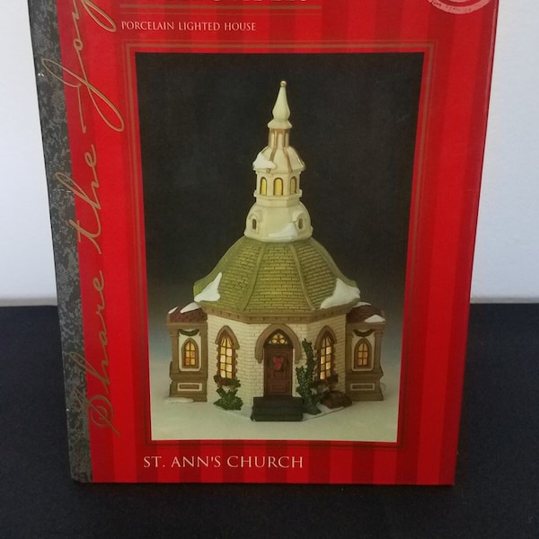 Large Hand Painted Porcelain Lighted Church, Town Square Collectibles  Vintage Christmas  House, St. Ann's Church