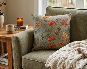 Botanical Leaves Acorns Throw Pillow – Autumn Cottagecore Cotton Cushion