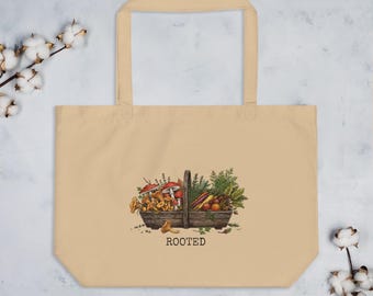 Rooted Harvest Large Tote Bag – Mushrooms, Root Vegetables, Herbs – Earthy Market Bag