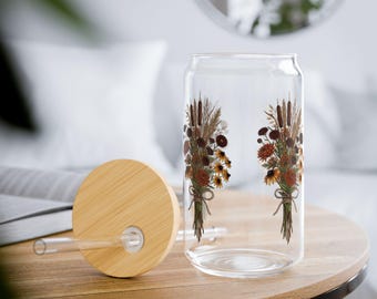 Autumn Botanical 16oz Glass Tumbler – Harvest Floral Design, Bamboo Lid, Straw
