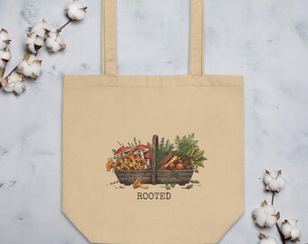 Rooted Harvest Medium Tote Bag – Mushrooms, Root Vegetables, Herbs – Earthy Market Bag