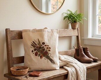 Autumn Botanical Canvas Tote Bag – Cottagecore Floral Grocery Shoulder Bag