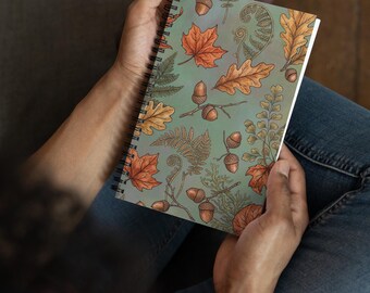 Autumn Botanical Spiral Notebook – Leaves, Acorns, Ferns, Cottagecore Stationery