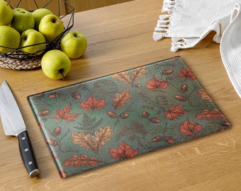 Autumn Botanical Glass Cutting Board – Cottagecore Charcuterie Platter (Tempered Glass)
