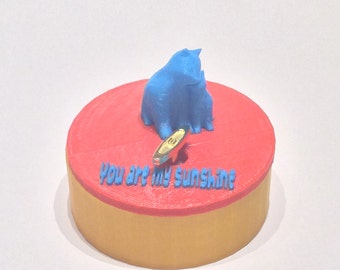 Two Cuddling Cats, Music Box,  3D Printed ,“You Are My Sunshine", Wind up, Personalized, Blue, Red, Yellow Gold, Round, Eco, Dual Extrusion