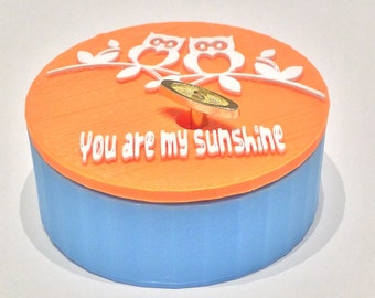 Two-Owls Music Box 3D Printed , “You Are My Sunshine”,  Musical Box, Music Boxes, Music box, Personalized Music Box, Baby Blue, Orange, WT