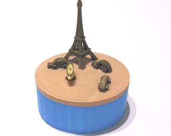 Paris  Music Box 3D Printed , “You Are My Sunshine”,  Musical Box, Music Boxes, Personalized Music Box, WIND UP, Eiffe, Blue, Wood, Metalic