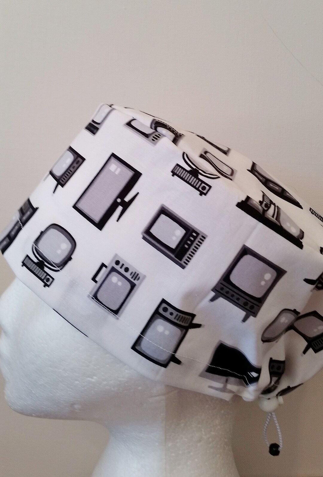 Scrub Hat Surgical Scrub Cap/television Black on White /elastic Toggle
