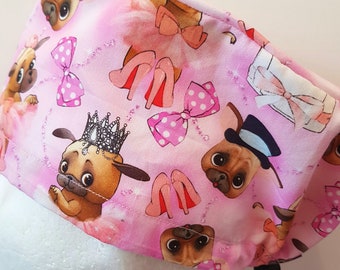 scrub hat surgical scrub cap/Pug fun on pink /elastic toggle back/ for theatre nurses doctors dentists vets & more