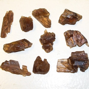 May include: A collection of ten brown, translucent, and irregularly shaped crystals. The crystals have a striated texture and appear to be naturally occurring.