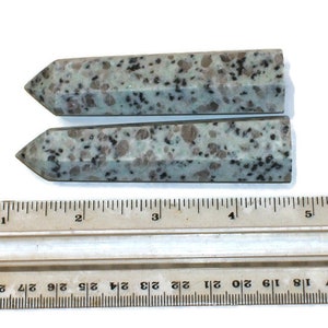 May include: Two polished, light green and brown speckled gemstone obelisks. Each obelisk has a pointed top and a rectangular body. A ruler with inch measurements is in the foreground.