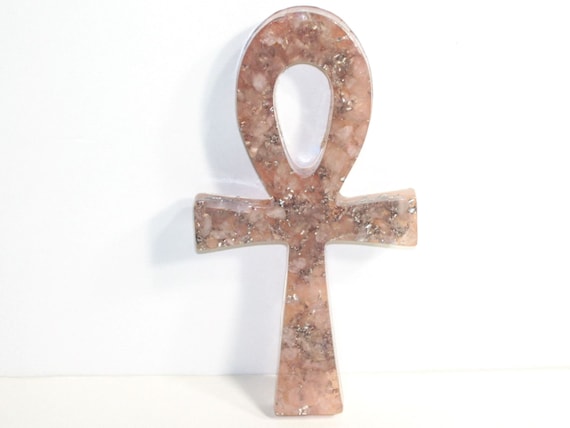 Large Orgone Egyptian Ankh - Egyptian Charms Decor Statue - Spiritual Gifts - Heart Chakra Healing - Rose Quartz - Aprx. 5.5 in L, 2.75 in W