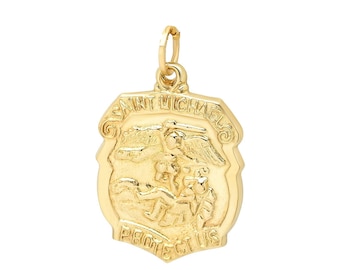 14K Yellow Gold Saint Michael Protect Us Medallion Badge Pendant
