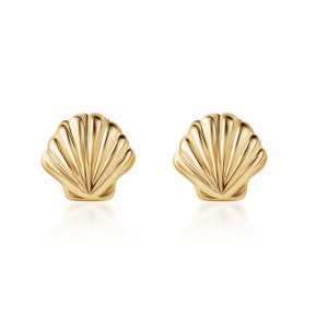 14K Solid Gold Seashell Small Stud Earrings - With Gold Butterfly Backings Closure - Dainty Small Stud Earrings For Women And Kids Alike