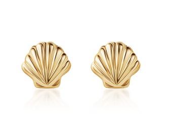 14K Solid Gold Seashell Small Stud Earrings - With Gold Butterfly Backings Closure - Dainty Small Stud Earrings For Women And Kids Alike