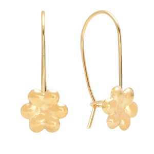 14K Solid Gold Lever-Back Flower Drop Earrings - High Polish Shiny Finish