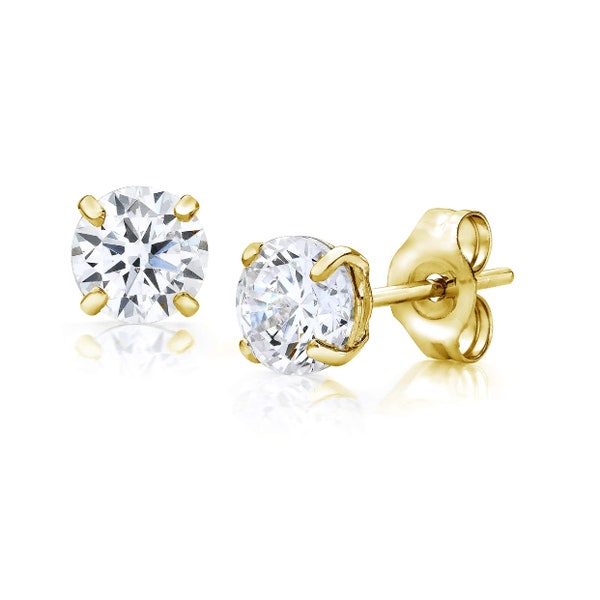 14K Gold 3MM-8MM Round Basket Setting CZ Stud Earrings - Available in White, Yellow, or Rose