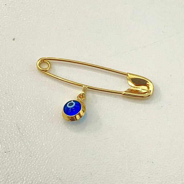 Épingle à nourrice en or 14 carats avec pendentif/boucle d'oreille/broche bleu mauvais œil