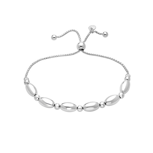 925 Sterling Silver Ball and Oval Bead Adjustable Bracelet - Made in Italy