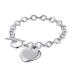 925 Sterling Silver Heart Charm Bracelet - For Women and Girls - Toggle Lock - 7.5"