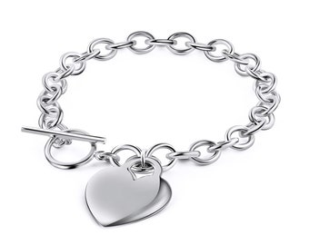 925 Sterling Silver Heart Charm Bracelet - For Women and Girls - Toggle Lock - 7.5"