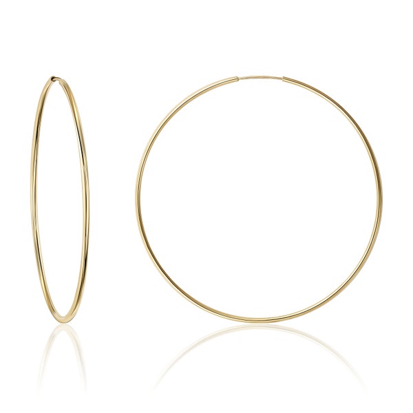 Real Solid 14K Yellow Gold Round Endless Hoop Earrings - 1MM Thickness & Height 10MM - 60MM