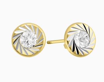 14K Gold Circle Two-Tone Frame Diamond Studs Earrings For Women