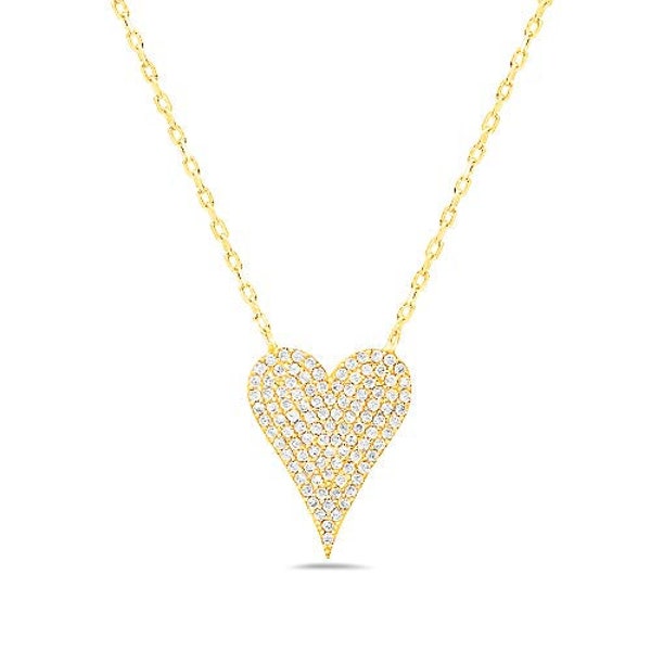 925 Sterling Silver Cubic Zirconia Pave Heart Charm Pendant Necklace - 18" Anchor Chain