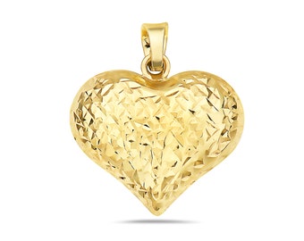 14K Yellow Gold Textured Whole Heart puff Pendant