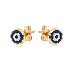 14K Solid Gold Evil Eye Stud Earrings-with Real 14K Gold Butterfly Backings (Yellow)