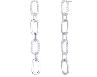 925 Sterling Silver Alternating CZ Paperclip Earrings - Available in Silver or Yellow Color