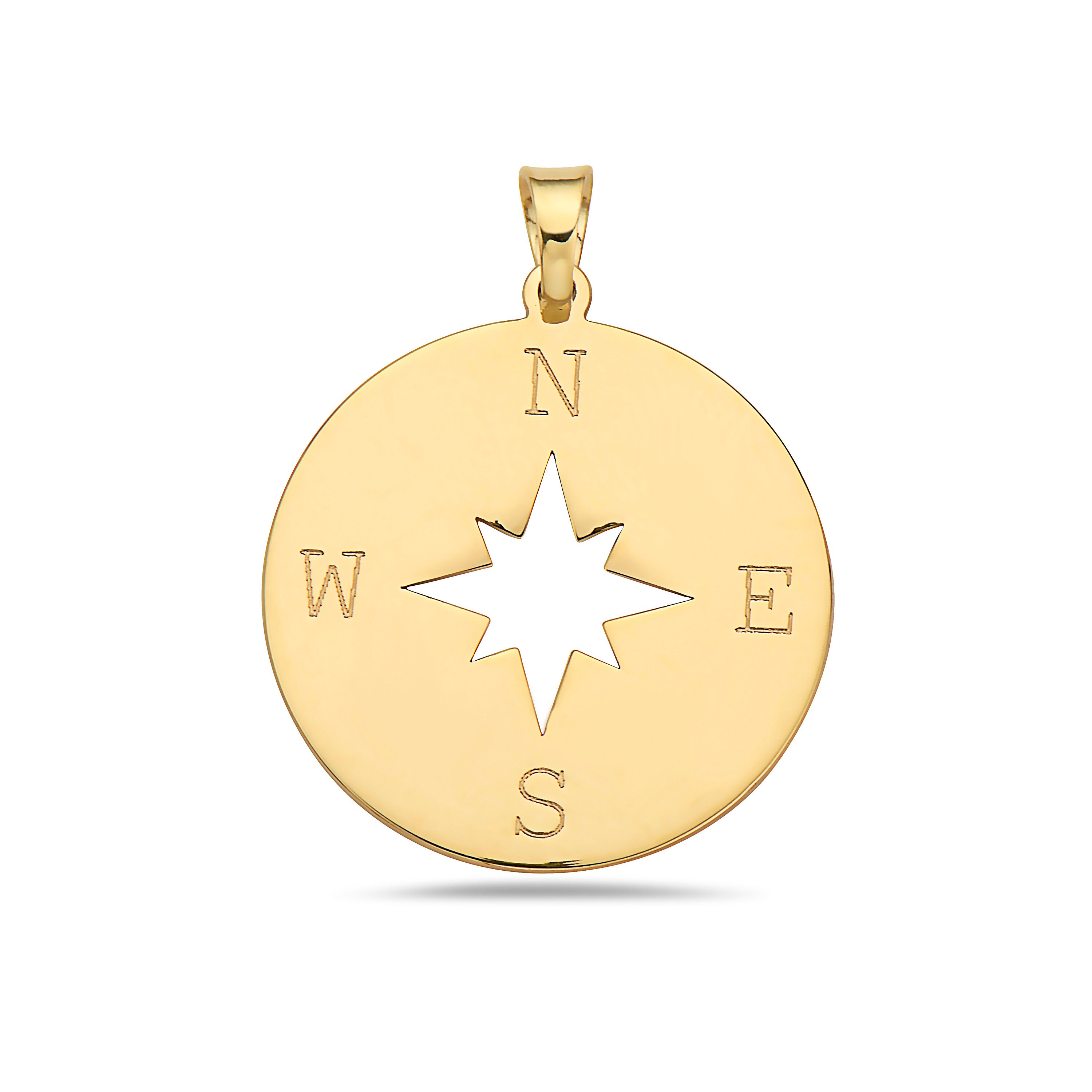 14K Yellow Gold Star Compass Round Pendant Etsy
