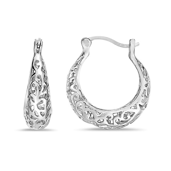 Silvertone 22mm French Lock Filigree Hoop Earrings