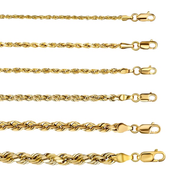14K Gold 1.5MM, 2MM, 2.5MM, 3MM, 4MM, 5MM or 7MM Diamond Cut Rope Chain Necklace, Bracelet, or Anklet - Sizes 7"-30"