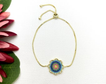 18KT Yellow Gold-Plated Flower Adjustable Bolo Bracelet With Swarovski® Crystals