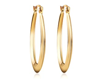 14K Solid Gold Large High Polished Oval Hoop Earrings - Cute Trendy Earrings For Everyday Comfort And Wear