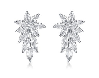 925 Sterling Silver CZ Marquise Petal Climber Earrings - Available in Silver or Yellow Color