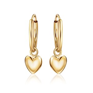 Solid 14K Gold Flat Heart Dangling On 14K Gold Endless Hoop Earring -1x10MM -Great for 1st Or Second Hole