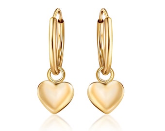 Solid 14K Gold Medium Puff Heart Dangling On 14K Gold Endless Hoop Earring -1x10MM -Great for 1st Or Second Hole