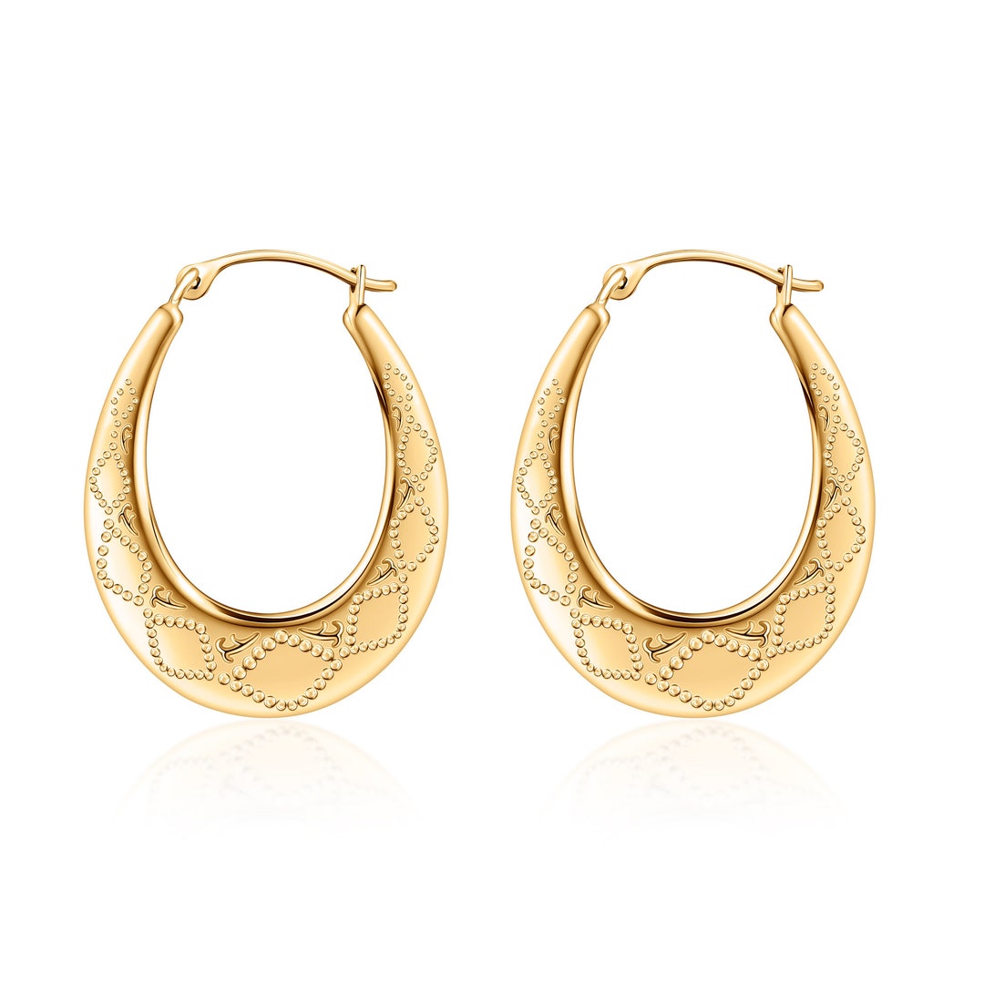 10K Solid Gold Laser Cut Diamond Design Oval Hoop Earrings - Etsy