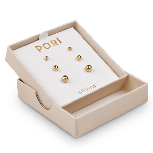 14K Solid Gold Ball Stud Earrings (3-Pair-Pack) 3MM 4MM AND 5MM - Choose Your Color