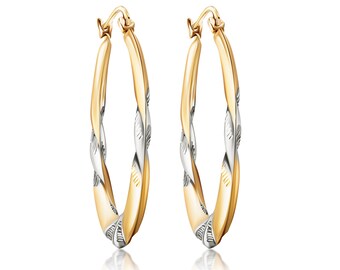 14K Solid Gold 2 Tone Diamond Cut Satin Finished Brushed Round Hoop Earrings-2X25Mm- Perfect Earrings For Everyday