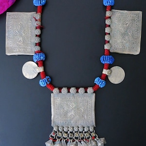 VINTAGE BALUCHI JEWELRY - Large Afghan Necklace with Incised Rectangular Pendants - Unusual Handcrafted Tribal Jewelry - Inscribed on Backs