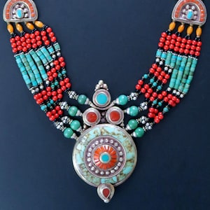Large Vintage Tibetan Necklace with Natural Turquoise and Coral - Handcrafted in Tibetan Diaspora of Nepal